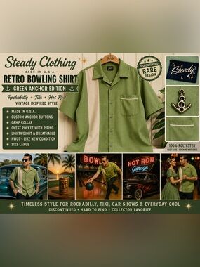 Steady USA Bowling Shirt L Pistachio Green Anchor Buttons Rockabilly Retro NWOT